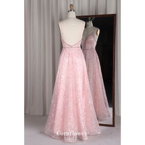 现代性感深v领亮片热石头粉色伴娘晚礼服，适合婚礼派对或卡萨门托节日 - Product Image 3