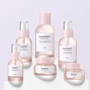 Luxury Empty Frosted Pink Skincare Cosmetic Packaging Bottle Set Lotion Serum Glass Bottles Face Cream Jars Set 30g 50g100ml