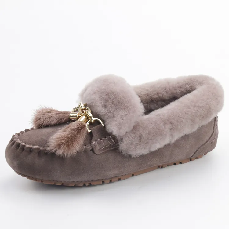 Classic Genuine Cow Leather Sheepskin Loafer Shoes Breathable Warm Winter Moccasins Women