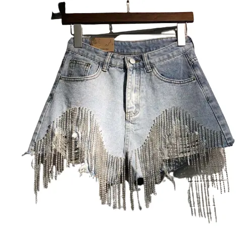 KouCla Womens Blue Gold Rhinestone Pocket Design Denim Shorts Hot Pants Size 