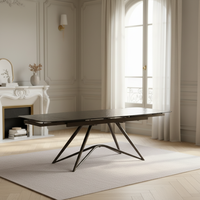 Table à manger extensible moderne de luxe sur mesure avec plateau en verre, hauteur réglable, pieds géométriques en métal, design rectangulaire pour 8 personnes