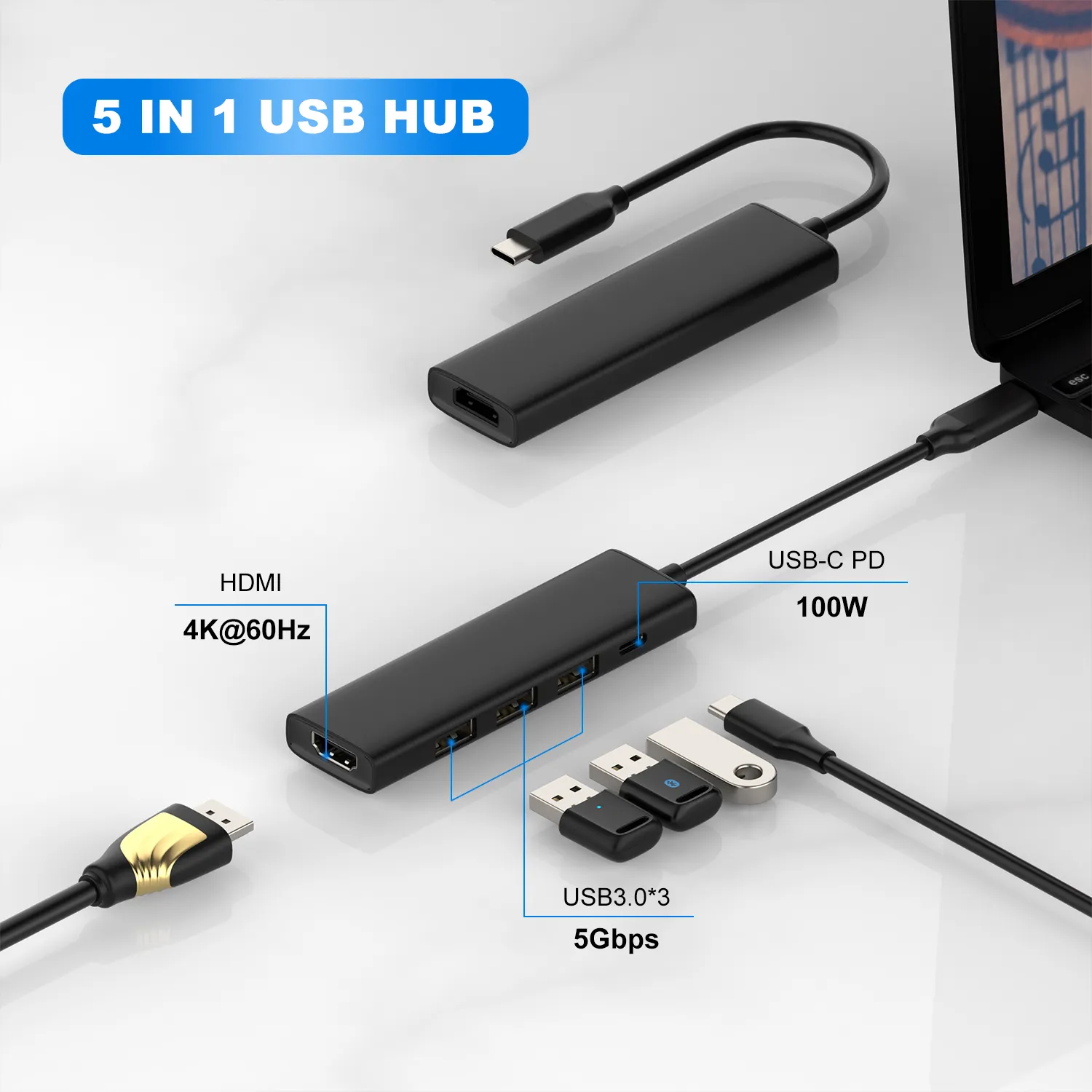 USB-C Multi Port Adapter 5 in 1 with 4K60HZ Output 100W Power Delivery USB C HUB