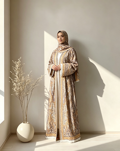 Ensemble élégant de mode musulmane pour femmes, abaya ouverte imprimée paisley avec poches et hijab assorti (modèle en polyester léger) - Product Image 2