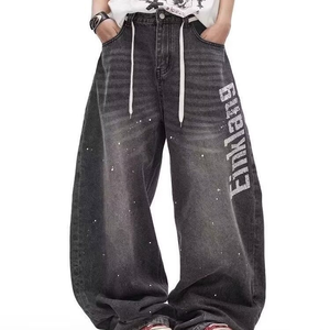 Vaqueros holgados vintage grises para hombre, estilo skater, hip hop, pantalones de mezclilla sueltos con estampado gráfico, lavado blanqueado, algodón pesado, ropa urbana. - Product Image 1