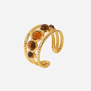 Fashion <b>Rings</b> Gold Tone Tiger Eye Stone Cuff Bracelet Women's Jewelry Geometric Design <b>Open</b> Adjustable Fit Gift Accessory - Product Image 1