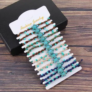 Beach Style Bohemian Turquoise Turtle Shell Rice Beads Woven Bracelets Handmade Adjustable Rope Bracelet 12 pieces Set