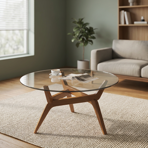 Table basse ronde moderne avec plateau en verre trempé et structure en bois, design mid-century, meubles de salon - Product Image 4