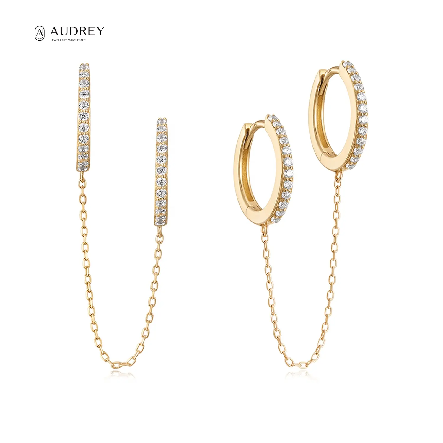 Audrey Dainty Link Chain Earrings 14K Solid Gold Hoops Huggie Dangle Long Tassel Chain Earring GH-SI Diamond Double Ear Hoops