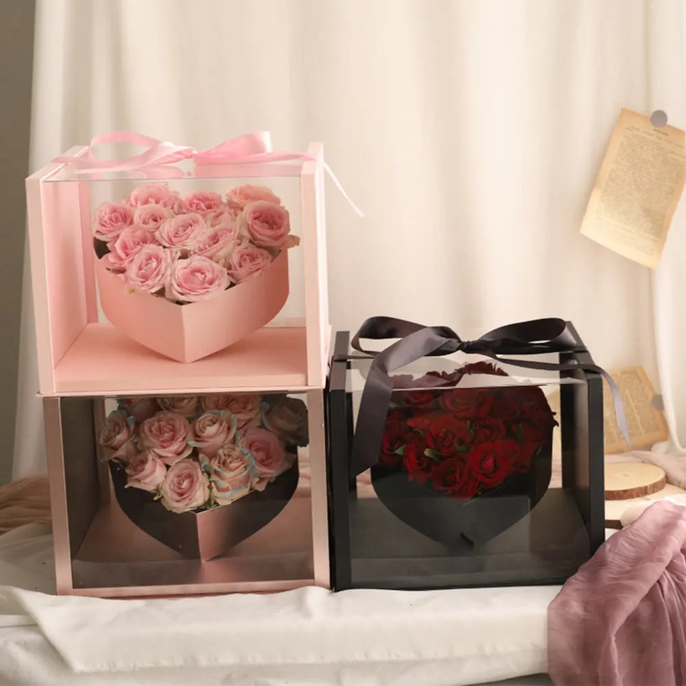 Caja de regalo de acrílico con forma de corazón, embalaje de flores transparente