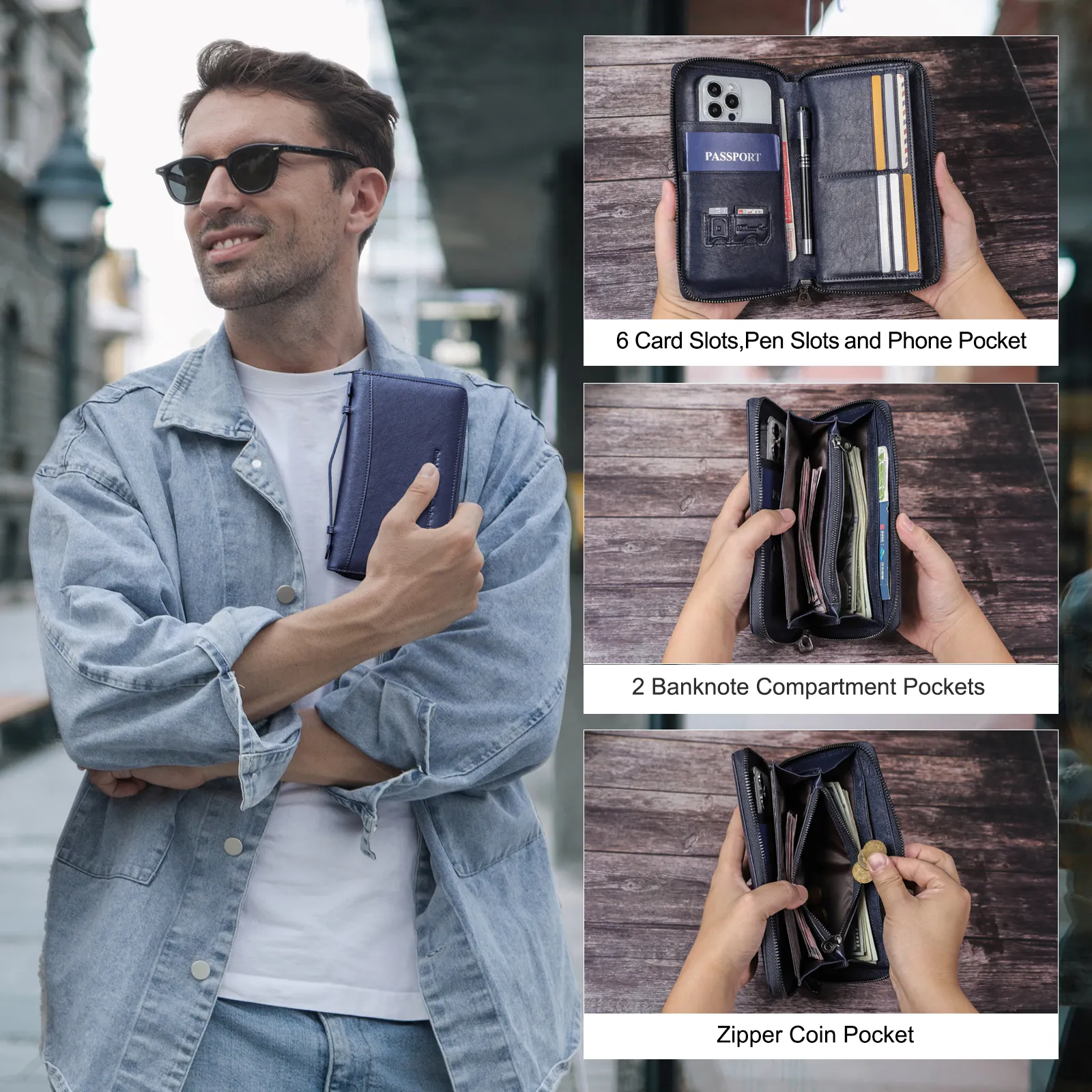 Portable All In 1 Genuine Leather Travel Wallet With Card Pen Phone Passport Holder Wallet For Men Small Luxury Handbag