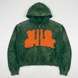 Sweat à capuche zippé surdimensionné pour homme, avec lettres personnalisées effet vieilli, appliqué brodé, design en strass, lavage enzymatique par pulvérisation - Product Image 1