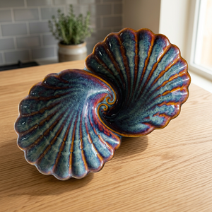 Ensemble de 2 assiettes de service en céramique peintes à la main en forme de coquille, vaisselle vintage rouge émaillée, ensemble de plats décoratifs durables, compatibles lave-vaisselle - Product Image 1