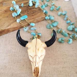 Collar NM11159 con Calavera de Ganado, Cuentas de Turquesa, Collar de Rosario, Collar con Cabeza de Toro, Calavera de Búfalo, Collar con Cuernos Largos - Product Image 2