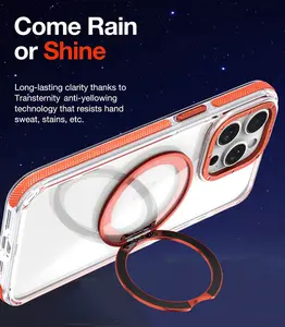 iPhone 16 15 14 13 12 11 Pro Max के लिए रोटेटेबल ब्रैकेट पारदर्शी चुंबकीय वायरलेस चार्ज स्टैंड क्लियर बैक कवर केस