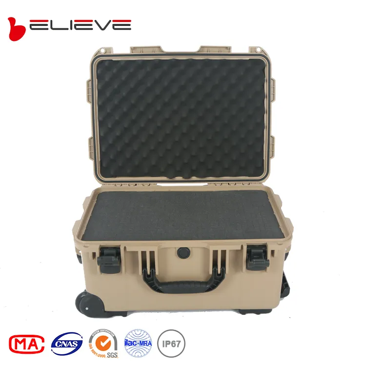 3620 Large protective instrument heavy duty tan color hard plastic carrying case with wheel