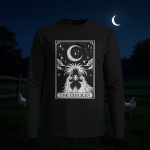 Camiseta promocional de manga larga con diseño de animales de granja, estilo vintage, con estampado de tarot de luna creciente y gallina Silkie - Product Image 3