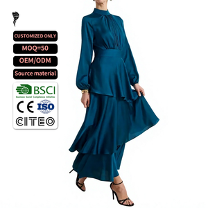 Nuevo Vestido Largo de Satén con Cuello Alto y Manga Larga, Diseño Elegante y Personalizado, con Volantes en el Bajo, para Eventos Nocturnos - Product Image 1