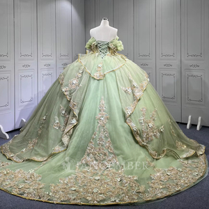 Vestidos de Quinceañera Verde Salvia con Dorado para Niña, con Lentejuelas, Plisado, Hombros Descubiertos, Estilo Princesa Verde Lsmu132 - Product Image 5