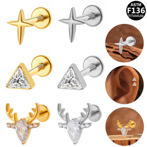 <b>Titanium</b> <b>Stud</b> Earrings Star Triangle Deer Head Design For Ear Cartilage Piercing Jewelry ASTM F136 <b>Titanium</b> - Product Image 1