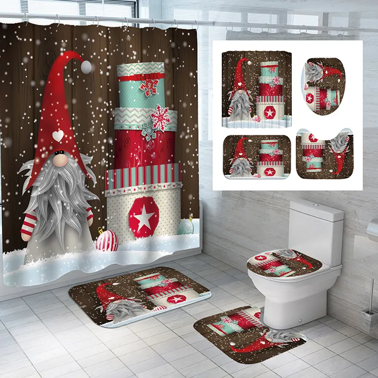 High Quality Christmas Style 3D Print Santa Claus Bathroom Shower Curtains 4pcs Polyester Waterproof Shower Curtain Sets With Ru