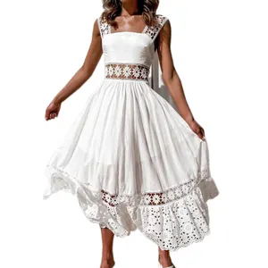 New Fashion Spring Summer hollow design Sleeveless Splicing Big Casual Dress White Long dress