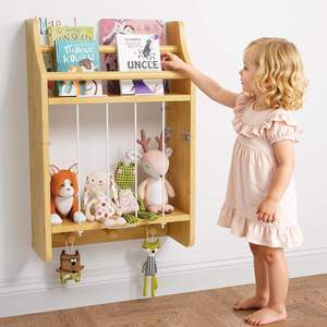 Estante de almacenamiento de madera para pared, para juguetes y libros de niños, con ganchos, organizador de 3 niveles para habitación infantil - Product Image 1