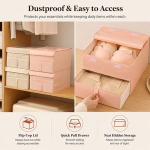 Boîte de rangement pour lingerie à 2 niveaux, anti-poussière, en tissu, pour soutien-gorge et chaussettes, organiseur de tiroir pliable, conteneur de placard avec couvercle rabattable - Product Image 6
