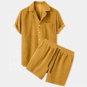 新款休闲男士夏季套装2件套灯芯绒男士短裤和衬衫套装服装 - Product Image 6