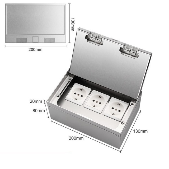 ZDR-200B3 Horizontal Mounted Stainless Steel Recessed Floor Junction Socket Box with 3 EU/UK/AU/US/UN Power Outlets OEM ODM CE