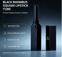 Tube de rouge à lèvres carré noir gaufré losanges, étui cosmétique vide pour rouge à lèvres, emballage de baume à lèvres de luxe avec logo personnalisé