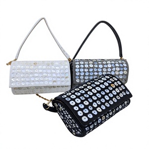 Handmade Canvas Satin Shell Beaded Pearl Classic <b>Clutch</b> Sling Bag with Chain Strap for Evening Party <b>Wedding</b> Fashion Gift - Product Image 1