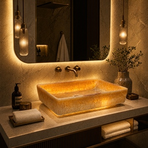 Poulars Wholesale Luxury Wall-mounted Natural Stone Man Made Pedestal Hand Washing Sink Cream Beige Jade Marble Stone <b>Basin</b> - Product Image 1