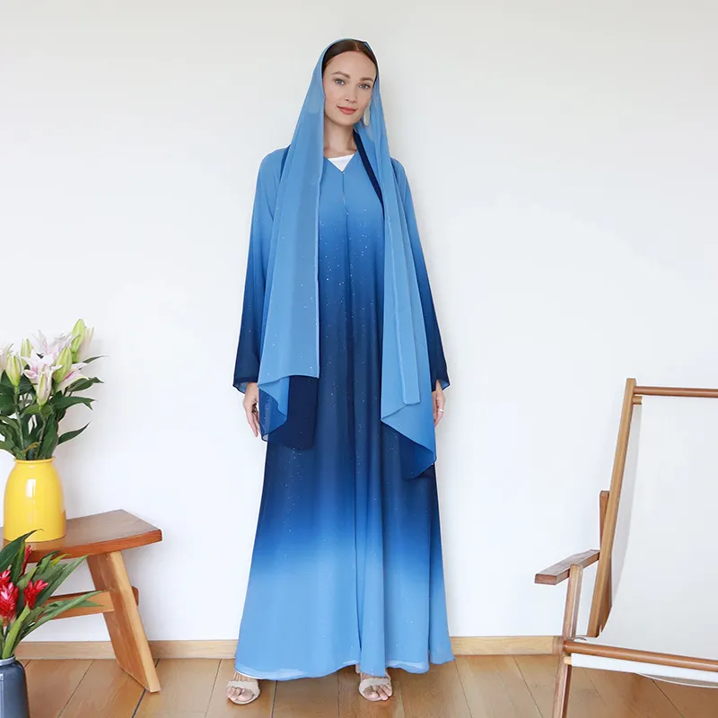 Gradiënt Glitter Chiffon Stof Open Abaya Jurk Nieuwste Ontwerp Dubai Moslim Vest Kimono Met Een Gratis Bijpassende Sjaal