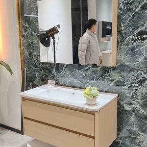 Mueble de baño estilo amarillo, mueble con espejo tipo colmena, lavabo blanco, mueble colgante con doble cajón. - Product Image 5