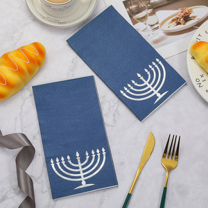Blue Square Paper Napkins 330mmx400mm Gold Stamped Menorah Design For Holiday Parties And Events - Product Image 2