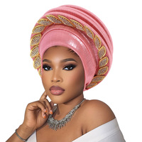 Foulard Gele pour femmes africaines - Gele automatique scintillant violet, design élégant feuille de cristal, style exagéré toutes saisons pour mariage
