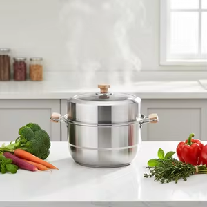 Pentola a Vapore Domestica con Coperchio Combinato a 2 Strati in Acciaio Inox 304 Antiruggine con Manico in Legno, Regalo - Product Image 2