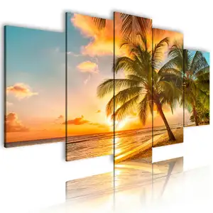 Kanvas Dinding Pantai Set Seni Modern, 5 Buah Poster Lukisan Minyak Dekorasi Gambar Pemandangan Indah Lukisan Ruang Tamu