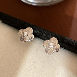 925 Sterling <b>Silver</b> Rhodium Plated Brushed Finish Trendy Flower <b>Stud</b> Earrings Dainty Zircon Four Leaf Clover Jewelry Women Gift - Product Image 6