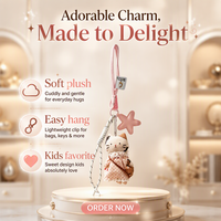 Porte-clés tendance Cottagecore en peluche douce motif chaton, écologique, avec robe florale rose et sacoche marron, attache pour sac à dos