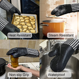 Par de Guantes de Silicona Negros para Horno, Forro de Algodón, Diseño Geométrico Estampado con Rayas y Rombos, Impermeables, Antideslizantes y Resistentes a las Quemaduras - Product Image 5