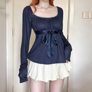 Elegant <b>Women</b> s Polka Dot Square Neck <b>Long</b> Sleeve <b>T</b> <b>Shirt</b> Waist Shaping Bow Detail A <b>Line</b> Autumn Casual Top - Product Image 2