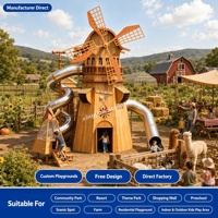 Aire de jeux extérieure personnalisée en acier inoxydable, thème ferme, avec cabane moulin à vent, filet d'escalade et toboggan pour enfants, pour écoles, centres de villégiature et fermes