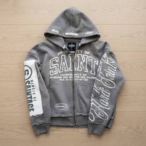 Custom Wholesale Heavyweight Cotton Fleece Streetwear <b>Y2K</b> Grunge Multi Craft Applique Rhinestone Men's <b>Zip</b> <b>Up</b> <b>Hoodie</b> - Product Image 1