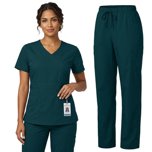 Women's Teal <b>Scrub</b> <b>Set</b> With V-Neck Top And Drawstring Pants Hospital Uniforms - Product Image 1