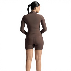 Women's Brown Full Sleeve Stand Neck Zipper Front Yoga <b>Top</b> Solid Color Seamless Active Sportswear Set High Waist <b>Shorts</b> - Product Image 4