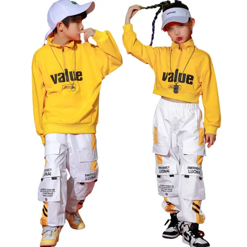Individuelle hochwertige Street Dance Kinder Hip Hop Kinder Freizeitkleidung Mädchen und Jungen gelbe Hoodie Baumwoll-Set