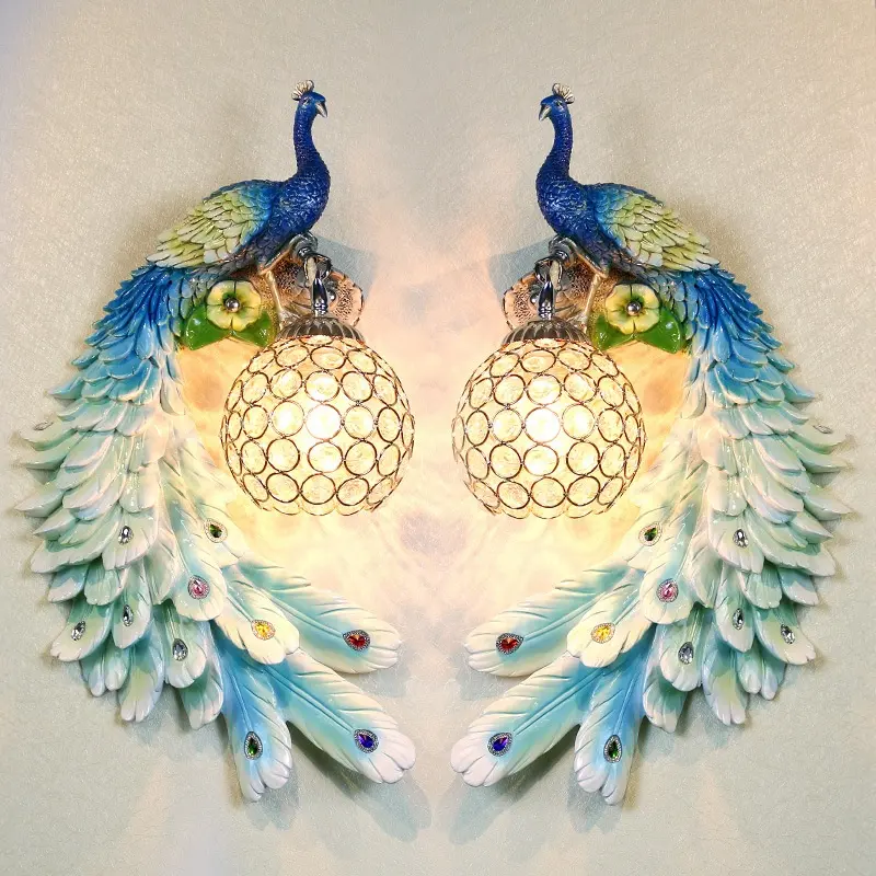 European color peacock lamp decoration living room TV wall aisle staircase bedroom creative bedside resin wall lamp