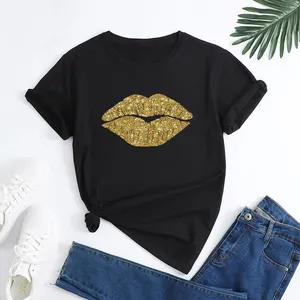 Supplier overseas market t shirt for women new styles 2023 sexy Gold glitter lips print graphic t shirts Cotton women's t-shirts