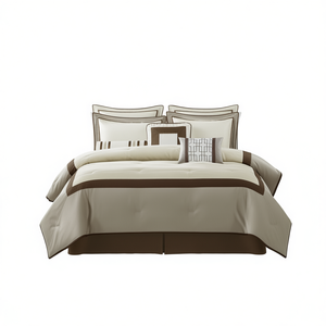 Ensemble de couette moderne 7 pièces avec motif géométrique pour literie domestique en crème et brun - Product Image 1